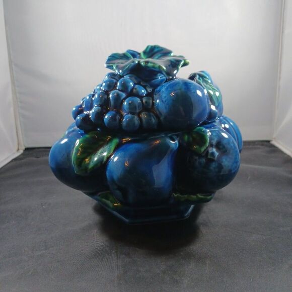 Vintage Candy Dish Inarco Blue Fruits Retro MCM Cookie Jar - Picture 12 of 15